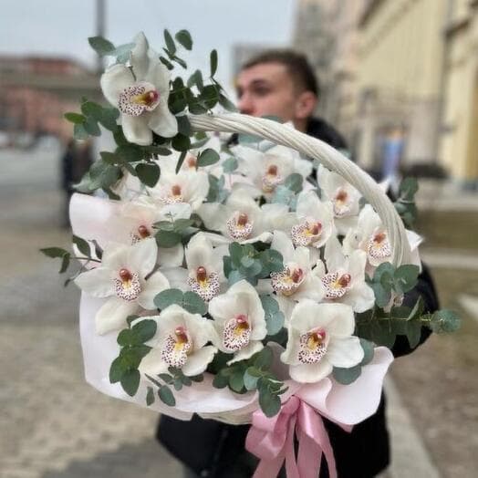 Корзина с орхидеей и эвкалиптом